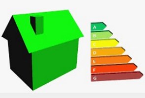 Desenho de uma casa verde e ao lado barras de eficiência energética em diversas cores