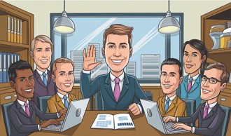Ilustra&ccedil;&atilde;o mostrando um empreendedor reunido com seis funcion&aacute;rios num escrit&oacute;rio
