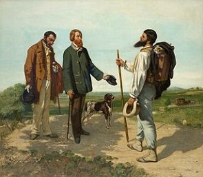 Pintura mostrando três homens conversando num local rural