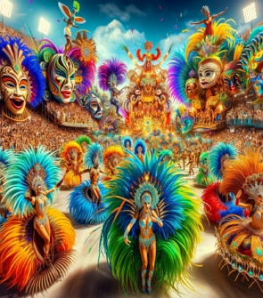 Ilustração colorida mostrando um desfile de escola de samba