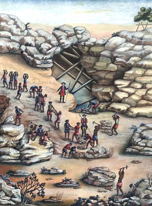 Imagem mostrando o trabalho numa mina de ouro no Brasil Colonial