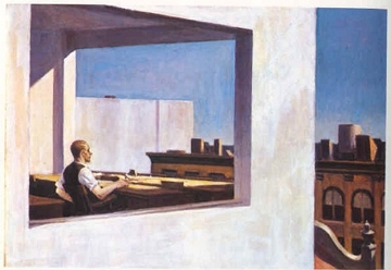 Pintura mostrando um homem num escrit&oacute;rio com vista para a cidade