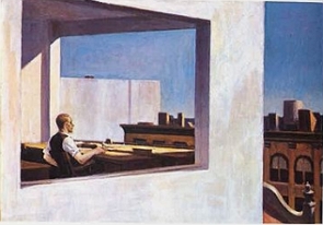 Pintura mostrando um homem num escrit&oacute;rio com vista para a cidade