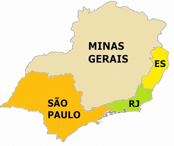 Mapa pol&iacute;tico da regi&atilde;o Sudeste do Brasil