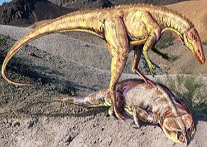 Ilustração de um Estauricossauro sobre um Rincossauro