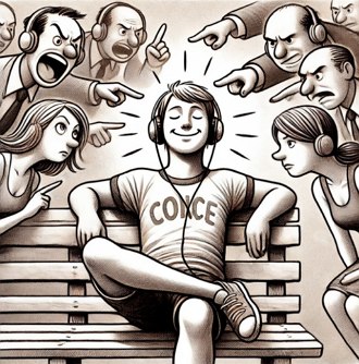 Desenho em formato de charge mostrando um jovem sentado num banco. Ele est&aacute; ouvindo de fone de ouvidos, olhos fechados e n&atilde;o dando import&acirc;ncia a opini&otilde;es e cr&iacute;ticas de outras pessoas.