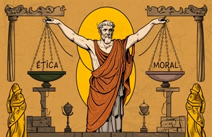 Ilustração do filósofo Sócrates com duas balanças. Nelas estão escritas as palavras ética e moral