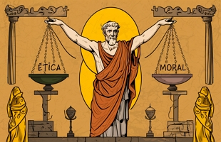 Ilustra&ccedil;&atilde;o do fil&oacute;sofo S&oacute;crates com duas balan&ccedil;as. Nelas est&atilde;o escritas as palavras &eacute;tica e moral