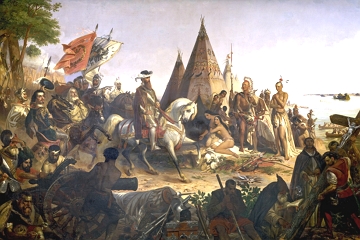 Pintura retratando o contato dos europeus com os ind&iacute;genas norte-americanos