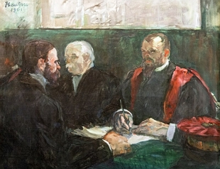 Pintura mostrando três homens numa mesa, sendo que um deles está escrevendo em uma folha.