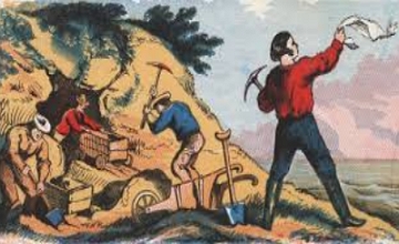 Pintura mostrando garimpeiros numa mina de ouro dos EUA