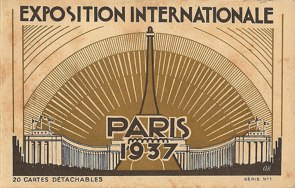 Cartaz alaranjado com a torre Eiffel desenhada no centro e um texto dizendo Exposition Internationale Paris 1937