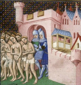 Pintura medieval mostrando os c&aacute;taros sendo expulsos de Carcassonne em 1209