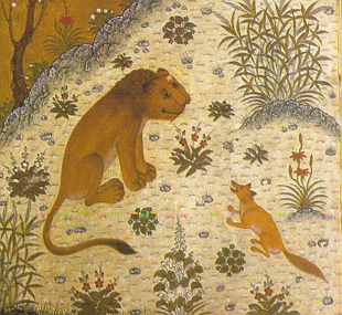 Ilustra&ccedil;&atilde;o antiga de uma f&aacute;bula indiana de Vishnu Sharma, mostrando um chacal e um le&atilde;o