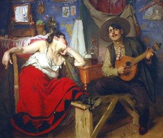 Pintura mostrando um cantor de fado de Portugal, tocando uma viola e uma mulher ao lado