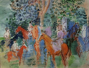 Pintura de pessoas em seus cavalos passeando por um local com &aacute;rvores