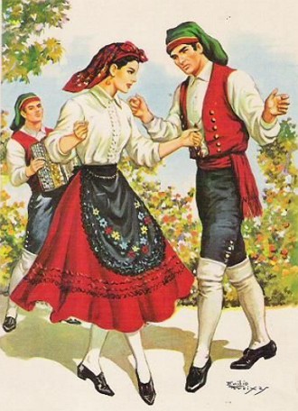 Pintura mostrando a dan&ccedil;a fandango de Portugal com um homem e uma mulher dan&ccedil;ando com roupas t&iacute;picas