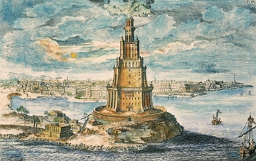 Farol de Alexandria: a s&eacute;tima maravilha do Mundo Antigo (desenho de Fischer von Erlach)