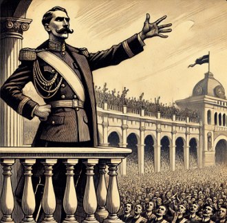 Ilustra&ccedil;&atilde;o mostrando um l&iacute;der fascista fazendo um discurso para muitas pessoas