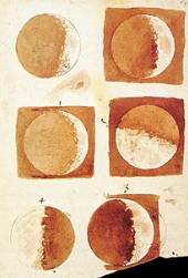 Imagem de uma folha com as fases da Lua desenhadas por Galileu Galilei