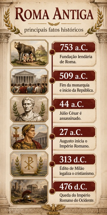 Infogr&aacute;fico com os principais fatos da hist&oacute;ria da Roma Antiga.