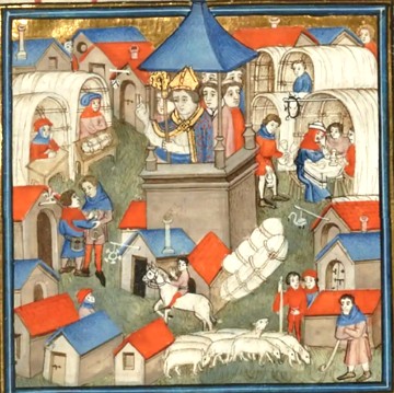 Iluminura medieval mostrando uma feira na Idade M&eacute;dia com destaque para a presen&ccedil;a de comerciantes 