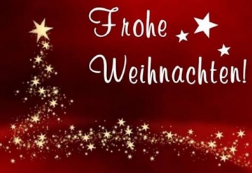 Frohe Weihnachten, Feliz Natal em Alem&atilde;o, &aacute;rvore de natal e papai noel na carroagem