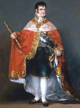 Pintura de um homem branco de cabelos pretos usando uma roupa da nobre vermelha com detalhes dourados