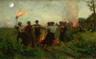 Pintura mostrando pessoas dan&ccedil;ando em c&iacute;rculo em volta de fogueira