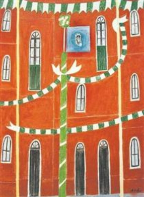 Obra de arte de Alfredo Volpi com a tem&aacute;tica da festa de S&atilde;o Jo&atilde;o