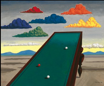 Pintura de uma mesa de bilhar inclinada e ao fundo nuvens coloridas