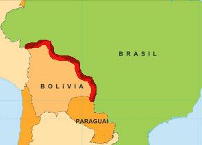 Mapa destacando a fronteira entre Brasil e Bolívia