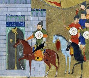 Pintura mostrando Gengis Khan entrando em Pequim