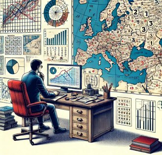 Imagem mostrando um ge&oacute;grafo analisando mapas e dados estat&iacute;sticos.