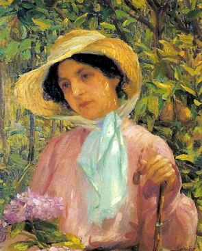 Retrato pintado de uma mulher com chap&eacute;u e segurando flores