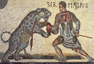 Mosaico romano mostrando um gladiador lutando contra um felino (on&ccedil;a)