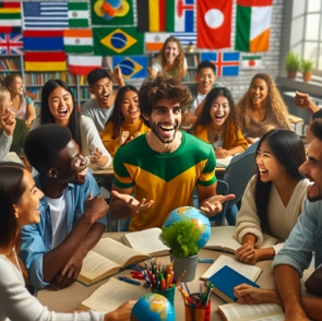 Ilustra&ccedil;&atilde;o mostrando um brasileiro aprendendo com pessoas de outros pa&iacute;ses