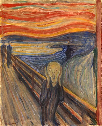 Pintura O Grito de Munch, mostra um homem colocando as duas m&atilde;os na cabe&ccedil;a e fazendo uma express&atilde;o de quem est&aacute; gritando.