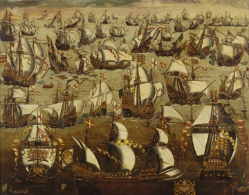 Pintura mostrando uma batalha naval da Guerra Anglo-Espanhola