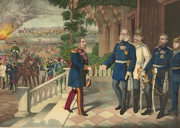 Napole&atilde;o III se rende a Guilherme I em setembro de 1870, encerrando a Batalha de Sedan.