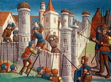 Pintura mostrando o cerco de um castelo durante uma guerra na Idade M&eacute;dia.