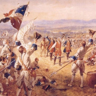 Pintura mostrando soldados comemorando uma vit&oacute;ria em uma batalha durante a Guerra dos Sete Anos