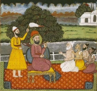Ilustra&ccedil;&atilde;o mostrando o Guru Nanak explicando os fundamentos do Siquismo