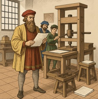 Ilustra&ccedil;&atilde;o mostrando Gutenberg vendo um papel impresso no sistema de imprensa que ele inventou.