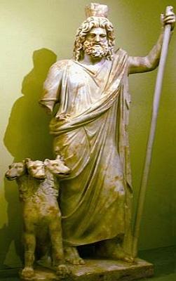 Escultura antiga do deus Hades ao lado de seu cão Cérbero