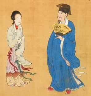 Pintura mostrando um homem chinês com uma roupa azul e uma mulher chinesa com uma roupa branca com laços coloridos