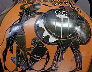 Imagem de uma ânfora grega mostrando Herácles lutando contra Gerião