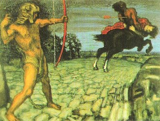 Pintura mostrando o her&oacute;i grego H&eacute;rcules acertando o centauro com uma flecha.