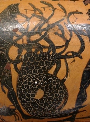 Pintura em um vaso grego representando a Hidra de Lerna