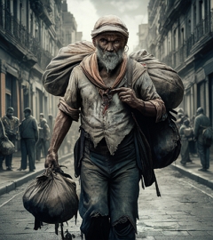 Ilustra&ccedil;&atilde;o mostrando um homem com roupas velhas carregando um saco de pano nas costas